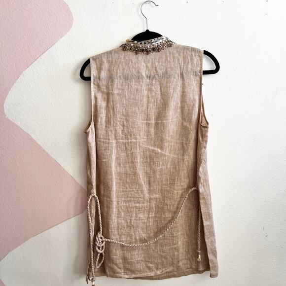 Lafayette 148 Beaded Top 100% Linen Silk Luxury Boho Elegant Minimalist Sz 10 - Picture 2 of 6